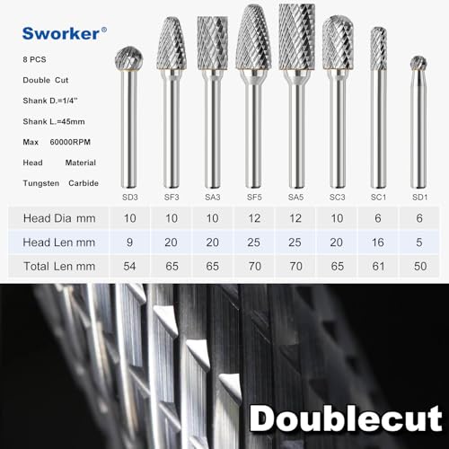 Sworker 8Pcs Carbide Burr Set 1/4 Shank w/Clear Box Max Head Dia 12mm Die Grinder Bits Rotary Tools Attachment Kit Rasp Accessories Metal Wood Stone Steel Grinding Deburring Cutting Porting Carving