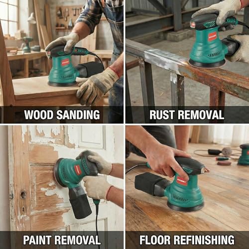 HYCHIKA 5-Inch Random Orbital Sander, 13000RPM Electric Palm Sander with 6 Variable Speeds, Powerful Motor, 12PCS Sandpapers and Efficient Dust Collection Bag, for Woodworking, Finishing and Polishing