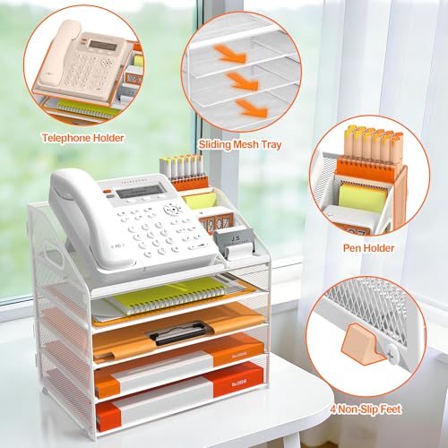 DocNest 5 Tier Metal Mesh Desk File Organizer with Phone Shelf, White - color: White, size: 12.6" x 9.1" x 13.3"