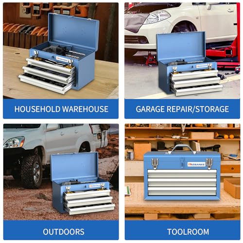 LARBANKE Metal Tool Box,3 Drawer Tool Box with Top Storage Tray, Portable Tool Chest with Locking System and Drawer Liner, Hand Carrying Tool Chest for Garage,Home or Workbench