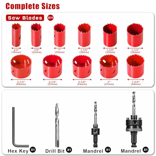 Bi-Metal Hole Saw Kit, HYCHIKA 17 Pcs High Speed Steel 3/4" to 2-1/2" Hole Saw Set in Case with Mandrels, Hole Saw Bit for Metal, Drilling PVC Board,and Plastic Plate