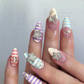 Mivota Soft Gel Press On Nails Medium Almond Colorful Stripe Design with 3D Star & Pearl, Reusable Glue On Fake Nails for Women, Cute Y2K Salon Manicure Set 24PCS - color: 3D-72 Red-Blue Stripes Star