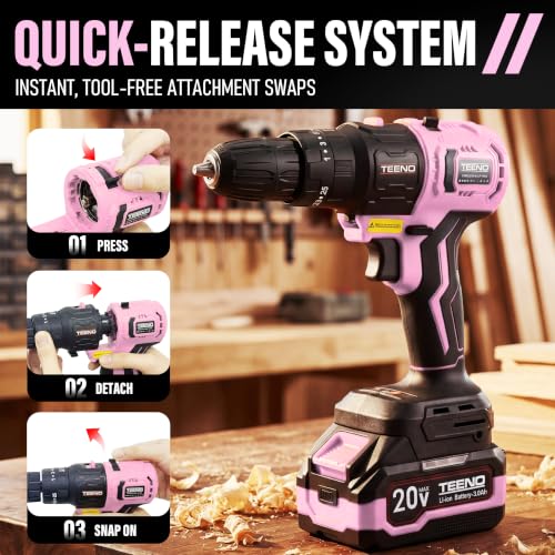 TEENO Brushless Power Tool Combo Kit, 6-in-1 Cordless Interchangeable Multi-Tool Set (Drill, Impact Wrench, Oscillating Tool, Reciprocating & Chain Saws, Sander), 3Ah Battery, USB Adapter & Hard Case - color: Pink