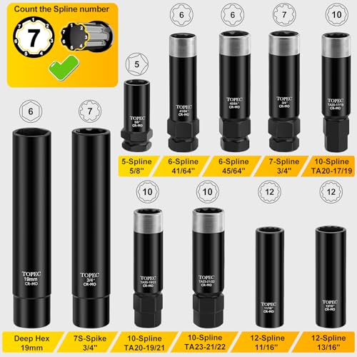 Topec 11PCS Master Lug Nut Key Set - 5, 6, 7, 10, 12 Spline Lug Nut Socket Set, Wheel Lock Removal Kit for Spline, Spike and Hex Style | Upgraded Reinforced Socket - size: 11 piece