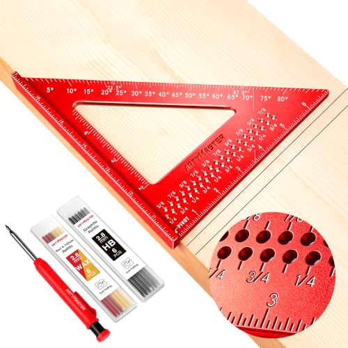 7 inch Carpenter Square, 1/16" Precision Hole Scribing Square Tools, 0-90° Aluminum Alloy Rafter Square, Woodworking Square & Carpenter Pencils 12 Refills AM13E - color: Imperial: 7 inch Square+Pencil