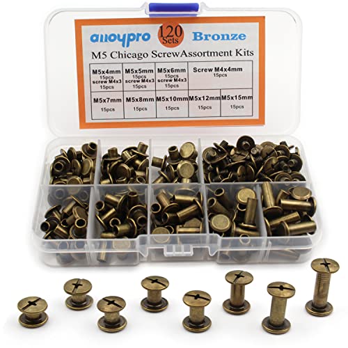 Alloypro 120 Sets Bronze Metal Chicago Binding Screws Assorted Kit Nail Rivet Chicago Button DIY Leather Decoration Bookbinding Round Flat Head Stud Screw(4/5/6/7/8/10/12/15-15pcs) - size: Bronze-4,5,6,7,8,10,12,15