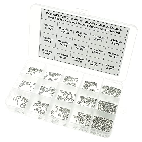 750PCS M1 M1.2 M1.4 M1.6 M2 Metric Stainless Steel Phillips Flat Head Machine Screws Assortment Kit - size: M1/M1.2/M1.4/M1.6/M2
