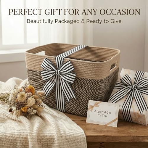 JMvicyroam 96L Large Woven Cotton Rope Blanket Basket, Jute&Black - color: Jute&Black, size: 96L