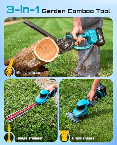SEESII 3 in 1 Cordless Mini Chainsaw & Hedge Trimmer, Grass Shear Combo - color: Sapphire Blue