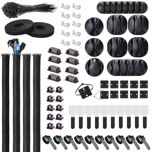Cable Management Kit - 4 Cable Sleeve, 28 Self Adhesive Cable Clips, 29 Cord Holders, 10+2 Roll Cable Organizer Straps and 100 Fastening Cable Ties for TV Computer Under Desk (Black)