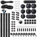Cable Management Kit - 4 Cable Sleeve, 28 Self Adhesive Cable Clips, 29 Cord Holders, 10+2 Roll Cable Organizer Straps and 100 Fastening Cable Ties for TV Computer Under Desk (Black)