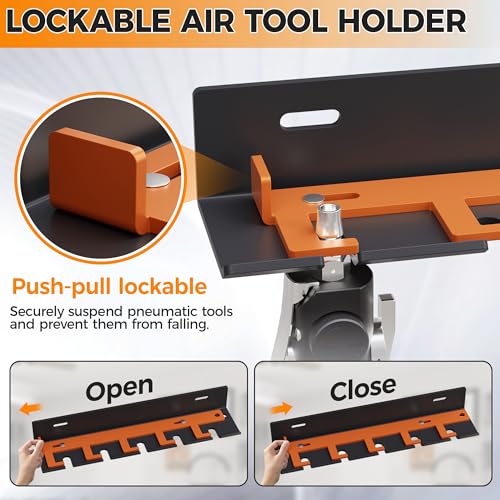 Air Tool Pneumatic Tool Holder,Wall Mount Air Tool Rack,Lockable Air Tool Hanger for Garage Shop Storage Organize,Fit 1/4" Standard Connection Accessories,Comes with Five Slots
