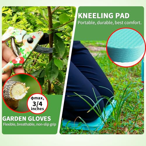 Garden Tools Set, JUMPHIGH 10 PCS Heavy Duty Gardening Tools Includes Hand Trowel Rake Weeder Pruner, Gardening Gifts for Women, Garden Kit with Tote Bag, Apron, Gloves, Kneeling Pad - color: Blue Green