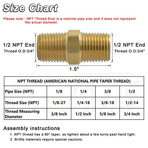 KOOTANS 1/2 NPT x 1/2 NPT Male Solid Brass Hex Nipples,4 PACK - size: 1/2 NPT x 1/2 NPT (O.D x O.D: 3/4'' x 3/4'')