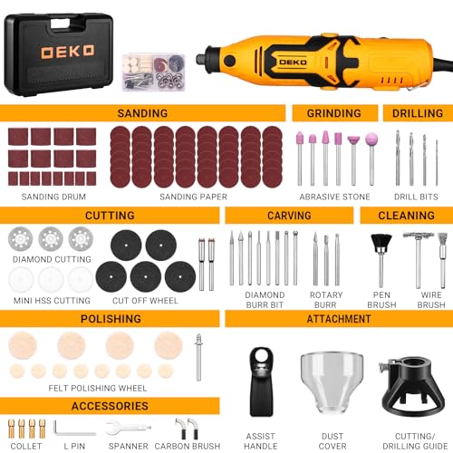 Rotary Tool Kit:DEKOPRO 1.4-Amp Power Hand Rotary Tools with 6 Variable Speed, 127pcs Accessories, 8000~35000RPM Electric Grinder Drill Machine Set with Flex Shaft for Carving, Cutting, Sanding Yellow - color: Yellow