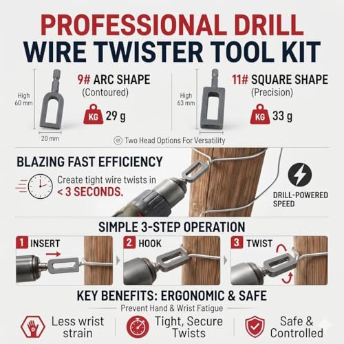 Electric Drill Wire Twisting Tool, Heavy Duty Wire Twister Attachment with 1/4" Hex Shank, Alloy Steel Wire Twisting Bit for Fence Wiring, Rebar Tying, Construction & Industrial Use (9#+11#) - color: 9#+11#