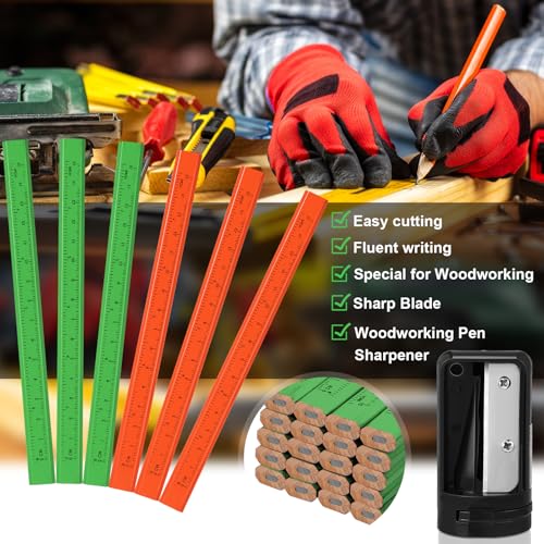 Honoson 200 Pcs Flat Construction Pencils with Printed Ruler Wood Graphite 2 Pcs Carpenter Pencil Sharpener for Woodworking Marking Tool(Green and Orange) - color: Green and Orange