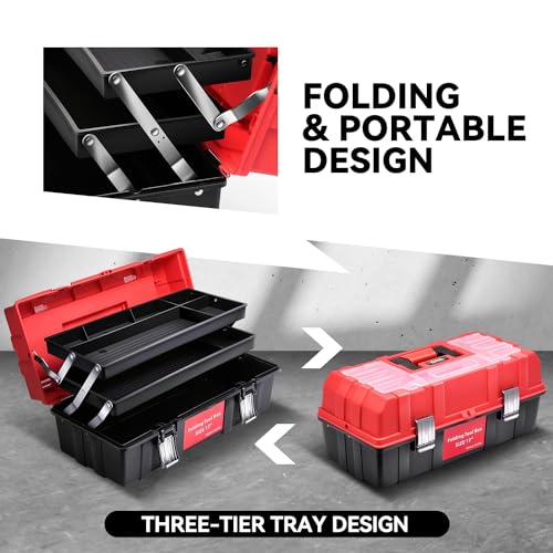 Auto Dynasty 3-Layer Folding Tool Box, Portable w/Non-Slip Handle Tray, Red - color: Red, size: 3-Layer