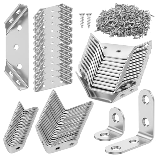 72Pcs Universal Corner Bracket Set, 48Pcs L Bracket(Small + Medium) 24Pcs Triangular Support Brackets with 312 Screws, Multi Use Predrilled Hole Metal Hardware Corner Brace for Drawer, Cabinet,Table,