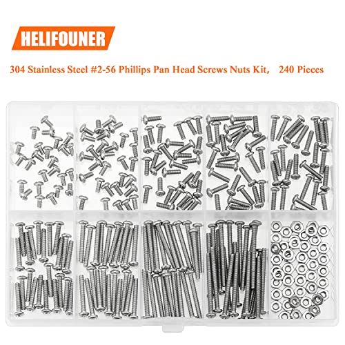 HELIFOUNER 240 Pieces #2-56 Phillips Pan Head Machine Screws Nuts Assortment Kit, Coarse Thread, Fully Machine Threaded, 304 Stainless Steel - size: #2-56, style: Phillips Pan Head