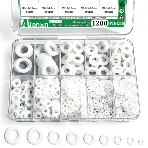 1200PCS White Nylon Washers Assortment Kit, Nylon Flat Washers for Bolts, 9 Metric Sizes Rubber Washers for Screws -M2, M2.5, M3, M4, M5, M6, M8, M10, M12 - size: WHT M2-M12 (1200PCS), style: Nylon Washer