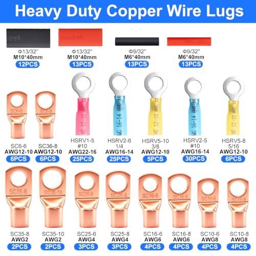 180Pcs Copper Wire Lugs Kit, Battery Cable Ring Terminal Connector with Heat Shrink Tubing, AWG 2 4 6 8 10 12 14 16 Gauge Heavy Duty Wire Connectors Terminal Set for Car Solar Marine RV Wiring - size: 180Pcs