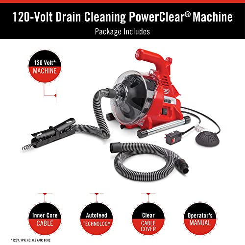 RIDGID 55808 PowerClear 120-Volt Drain Cleaning Machine Kit for Tubs, Showers, and Sinks, Drain Cleaner Machine Kit with AUTOFEED, Inner Core Cable, and Guide Hose