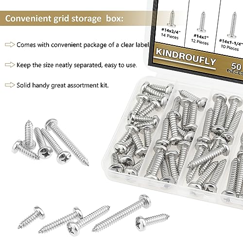 50 Pieces #14 x 3/4" 1" 1-1/4" 1-1/2" 2" Phillips Pan Head Self-Tapping Screws, Wood Screws Assortment Kit, 304 Stainless Steel - size: #14