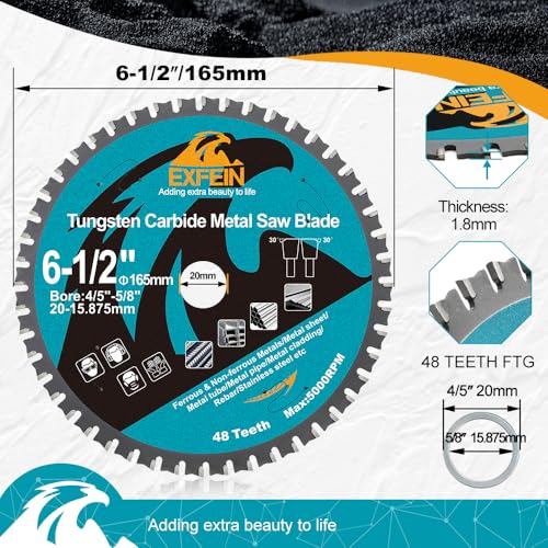6-1/2" 48T Metal Circular Saw Blade - EXFEIN Tungsten Carbide Tipped Saw Blade Arbor 4/5" for Metal Sheet or Pipe, Angle Iron, Rebar, Ferrous Metals, Non-Ferrous Metals - size: 6-1/2"