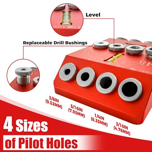 Portable Angle Drill Guide Jig with Level & 4 Drill Bits for Drilling 30°, 45°, 90° Degree Angled Holes, All Metal Jig for Angled or Straight Holes, for Wood Post Railing Stairs Handrail Deck