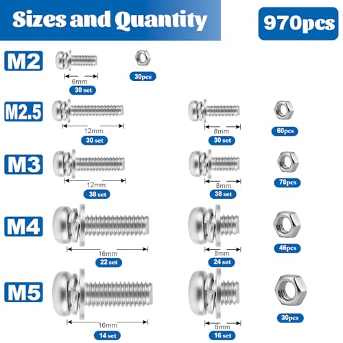 970PCS Machine Screws Assortment Kit Phillips Pan Head 304 SS M2-M5 - size: SS M2M2.5M3M4M5 970PCS