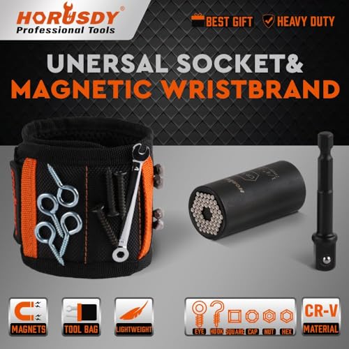 HORUSDY Magnetic Wristband & Universal Socket Grip (7–19mm), Stocking Stuffers Gifts for Men with Strong Magnets for Holding Screws, Nails, Drilling Bits, DIY, Christmas Tool Gift for Men - size: Magnetic Wristband & Universal Socket Grip
