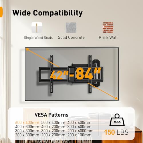 Perlegear Corner TV Wall Mount Long Arm TV Mount for 42-84 Inch TVs - size: Fits 42-84'' TVs / Max 600x400mm