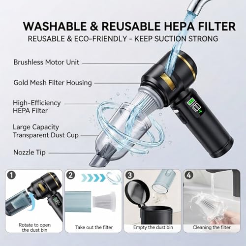 Handheld Car Vacuum Cleaner, 17000Pa High Power Cordless Vacuum Cleaner, 4-in-1 Portable Mini Air Duster, with LED Light and Multi-Nozzles, Vacuum for Car, Home, Office, Pet Hair