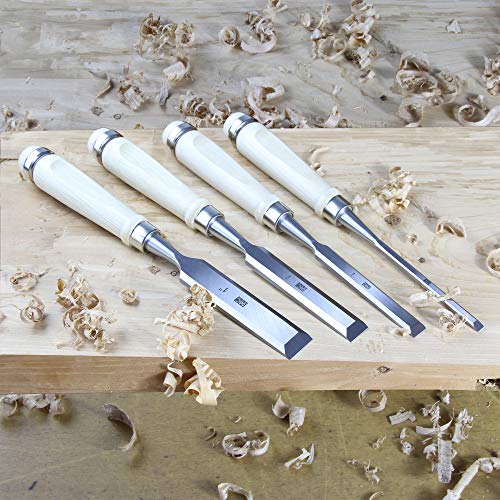 Woodworking 4 PC Wood Chisel Set Chrome-Vanadium Steel with Hornbeam Handles for Carpentry, Woodworking, Carving, Craftsman, 1/4 inch,1/2 inch,3/4 inch, 1 inch - size: 4 Piece Wood Chisel