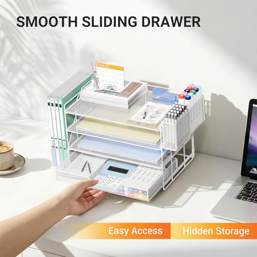 OPNICE Desk Organizers and Accessories, 4-Tier Desktop File Organizer with Drawer and Pen Holders, Office Desk Accessories Workspace Organizers for Office Supplies (Soft White) - color: Soft White, size: 4T