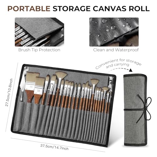 Fuumuui 25pcs Paint Brush Set, Professional 9 Shapes with Wide Flat, Filbert, Fan, Dagger, Cat Tongue, Round, Angle, Rigger for Acrylic Oil Watercolor | Includes Palette Knife & Waterproof Canvas Roll - color: Brown