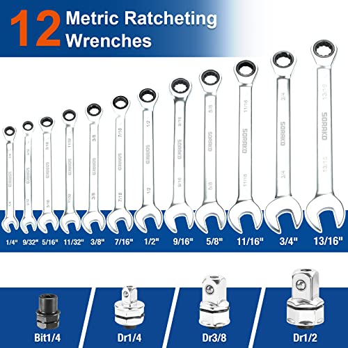 SORAKO Ratcheting Combination Wrench Cr-V Steel (12-Pcs) - style: Portable