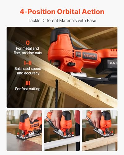 VEVOR 20V Cordless Jig Saw, 7/8" Brushless Jigsaw Tool for Makita 18V Battery, 3500 SPM & 6 Variable Speed, Battery & Charger, LED Light, 0-45° Bevel Cuts, 6 Blades, 4 Orbital Settings, Wood & Metal - size: 7/8 in-20V