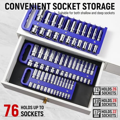 Reniteco Magnetic Socket Organizer Set, 3-Pack, 1/4" 3/8" 1/2" Socket Tray - color: Blue
