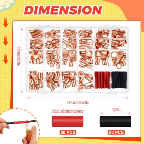 220 Pcs Battery Cable Ends Kit Battery Terminal Connectors with 110 Pcs Awg 1 2 4 6 8 1/0 2/0 Gauge Heavy Duty Copper Wire Lugs Kit Lugs Ring Terminals Gauge with 110 Items 3: 1 Heat Shrink Tubing