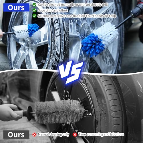 Wheel Brush, Soft Drill Wheel Cleaner Brush, Drill Brush for Car Wheel, No Scratches Highly Dense and Durable Car Wheel Brush Rim Tire Car Cleaning Brush for Wheels, Rims, Engines, Exhaust - color: Blue+white