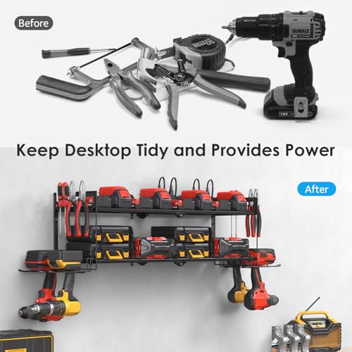 CCCEI Large Garage Tools Storage with Charging Station. Power Tool Battery Organizer Utility Shelf with Power Strip. 4 Drills Holder Wall Mount Rack. - size: Large, style: 2 Layer