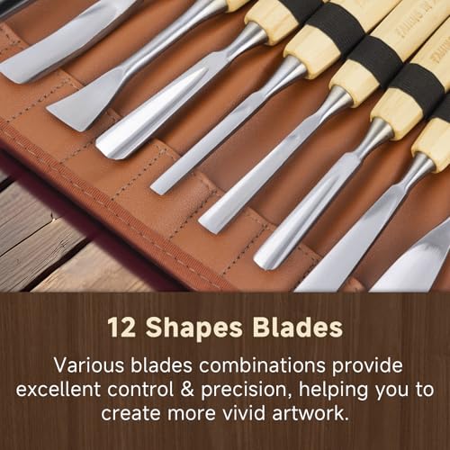 Falling in Art 12 Pcs Wooden Carving Chisel Set with a Leather Pouch