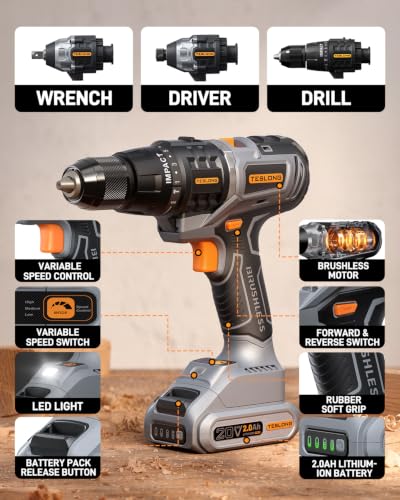 Teslong 20V MAX 3-in-1 Cordless Tool Kit, Impact Wrench, Drill & Driver