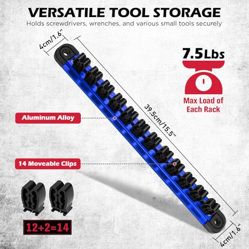 Magnetic Screwdriver Organizer and Wrench Organizer, 14-Slot Screwdriver and Wrench Holder, Magnetic Aluminum Rail Tool Organizer for Tool Box Drawer Wall-Mount Storage, Blue (Tools not Included) - style: 1-Pack Blue (14-Slot)