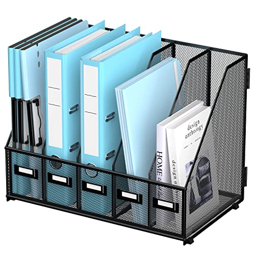 SUPEASY Desk Organizers Metal Desk Magazine File Holder with 16''x12''x12'' 5 Vertical Compartments Rack File Organizer for Office Desktop, Classroom, Home Workspace, Black Plus - color: Black, size: Large