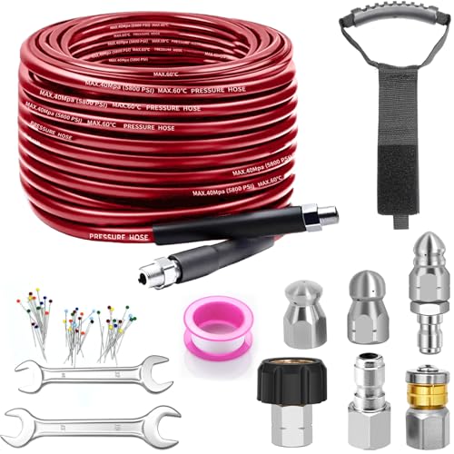 100FT Sewer Jetter Kit for Pressure Washer, 5800PSI Drain Cleaner Hose - color: Red-100FT hose