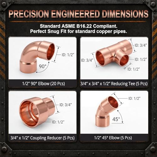Yaocom 35 Pcs Copper Pipe Fittings Kit, 3/4" to 1/2" Plumbing Fitting Assortment with Copper Elbows, Brass Tee, Reducers and Couplings, Lead-free Sweat Solder Pipe Fittings for Residential Commercial