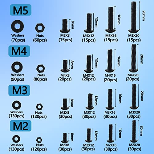 newlng M2 M3 M4 M5 Screws Assortment Kit 1180pcs Metric Black Nuts and Bolts Flat Washers Set 10.9 Grade Alloy Steel Machine Screws and Nuts Hex Socket Button Head Screw with Four Hex Wrenches - size: One Size